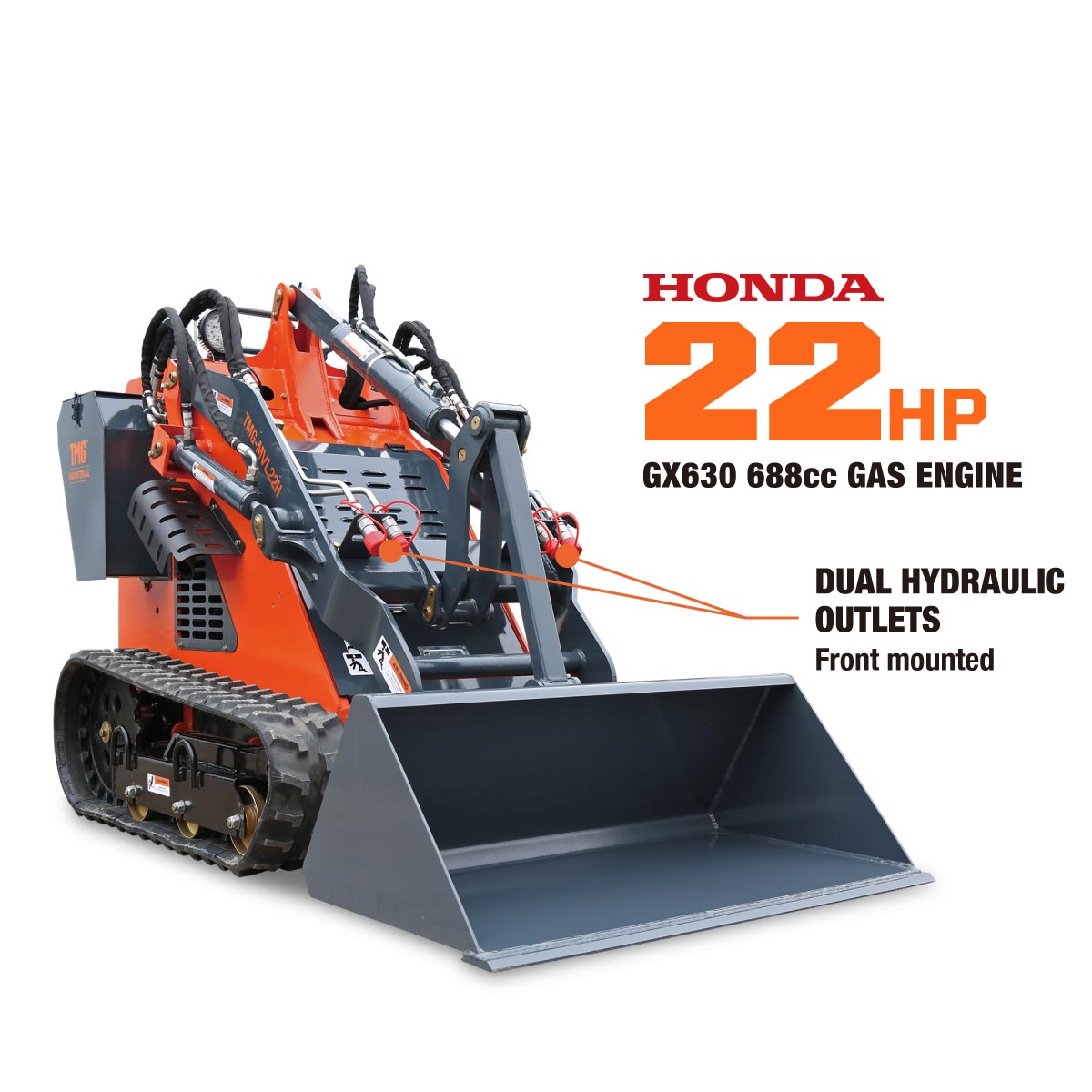 TMG Industrial Stand-On Mini Track Loader, 22 HP Honda Engine, Eaton Hydraulic Motor, Permco Hydraulic Pump, Italian Hydro Control Valve, Joystick Controls, 750 lb Load Capacity, Smooth Bucket Included, TMG-MVL22H