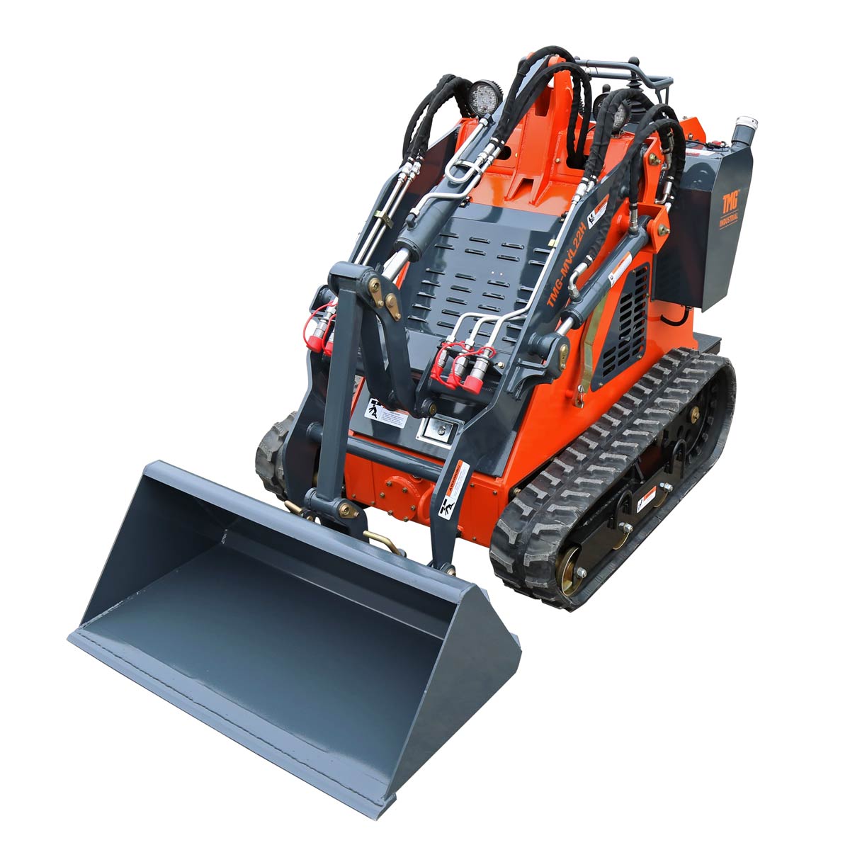 TMG Industrial Stand-On Mini Track Loader, 22 HP Honda Engine, Eaton Hydraulic Motor, Permco Hydraulic Pump, Italian Hydro Control Valve, Joystick Controls, 750 lb Load Capacity, Smooth Bucket Included, TMG-MVL22H