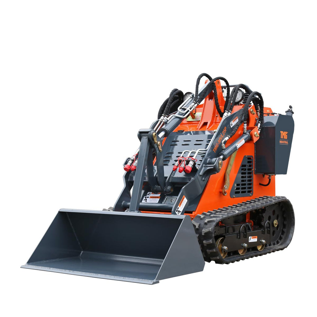 TMG Industrial Stand-On Mini Track Loader, 25 HP Perkins Diesel Engine, Eaton Hydraulic Motor, Permco Hydraulic Pump, Italian Hydro Control Valve, Joystick Controls, 750 lb Load Capacity, Smooth Bucket Included, TMG-MVL25P