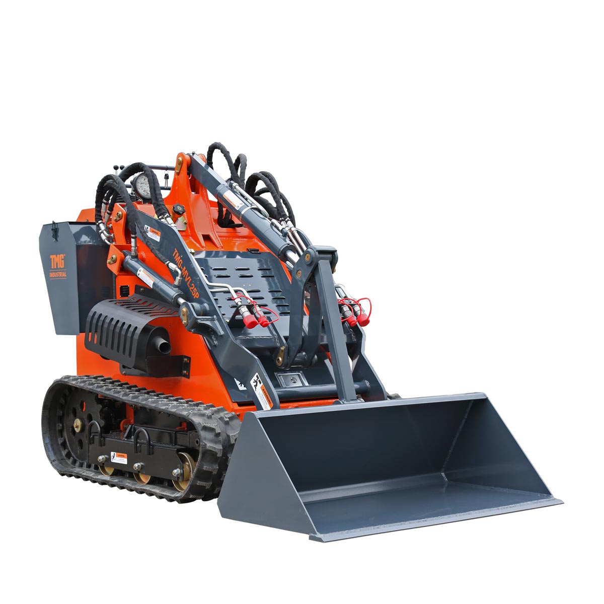 TMG Industrial Stand-On Mini Track Loader, 25 HP Perkins Diesel Engine, Eaton Hydraulic Motor, Permco Hydraulic Pump, Italian Hydro Control Valve, Joystick Controls, 750 lb Load Capacity, Smooth Bucket Included, TMG-MVL25P