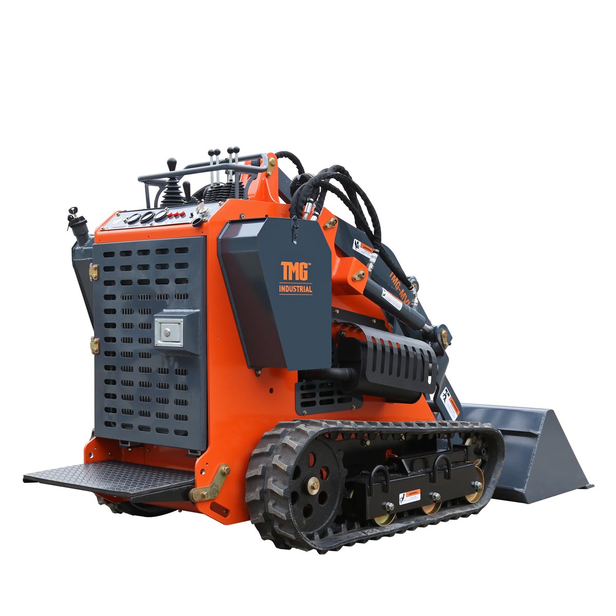 TMG Industrial Stand-On Mini Track Loader, 25 HP Perkins Diesel Engine, Eaton Hydraulic Motor, Permco Hydraulic Pump, Italian Hydro Control Valve, Joystick Controls, 750 lb Load Capacity, Smooth Bucket Included, TMG-MVL25P
