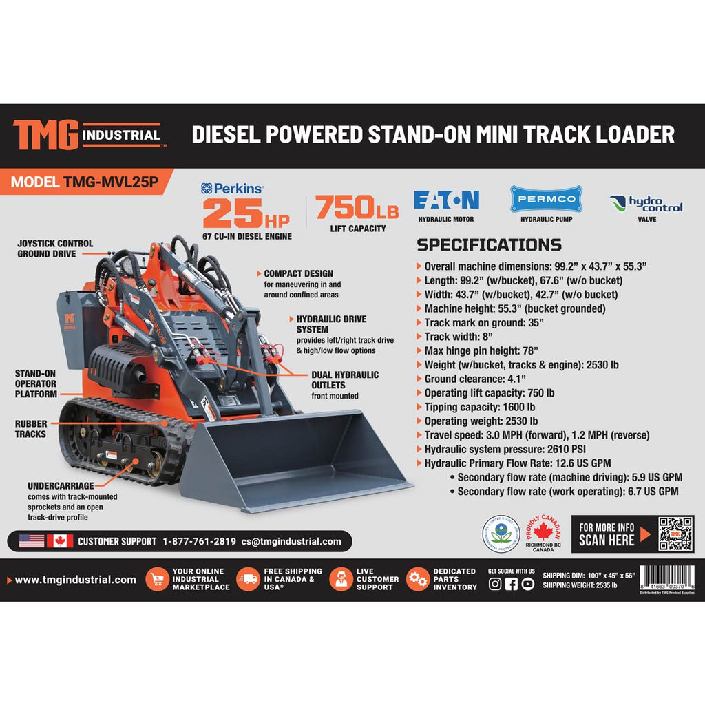 TMG Industrial Stand-On Mini Track Loader, 25 HP Perkins Diesel Engine, Eaton Hydraulic Motor, Permco Hydraulic Pump, Italian Hydro Control Valve, Joystick Controls, 750 lb Load Capacity, Smooth Bucket Included, TMG-MVL25P