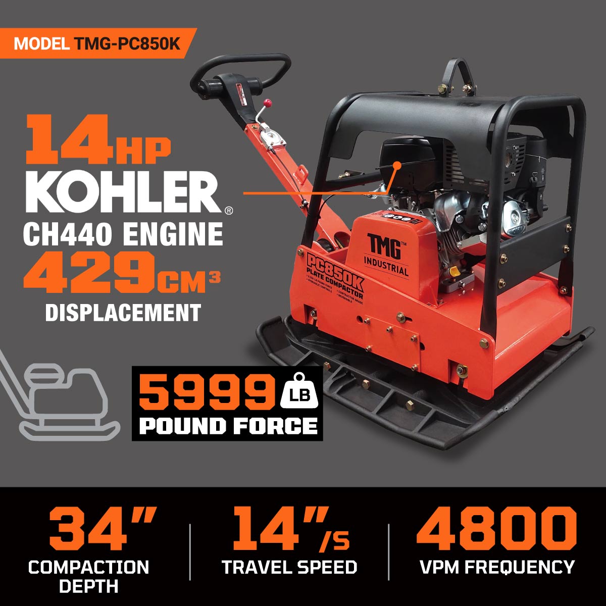 TMG Industrial 8,550-lb Reversible Hydraulic Plate Compactor, 14 HP Kohler CH440 Engine, 260-kg Net Weight , Hydraulic Control, TMG-PC850K