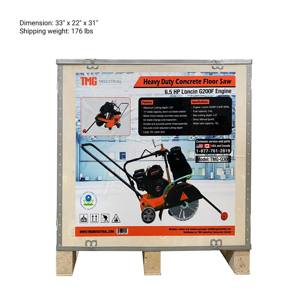 TMG Industrial Heavy-Duty Walk Behind Concrete Floor Saw, w/6.5 HP Loncin Gasoline Engine, 3” Cutting Depth, TMG-Q300