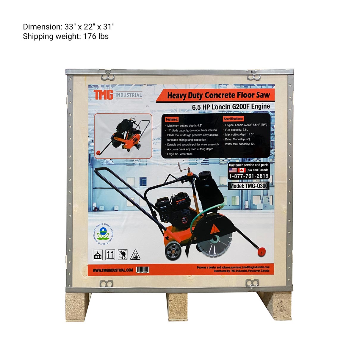 TMG Industrial Heavy-Duty Walk Behind Concrete Floor Saw, w/6.5 HP Loncin Gasoline Engine, 3” Cutting Depth, TMG-Q300