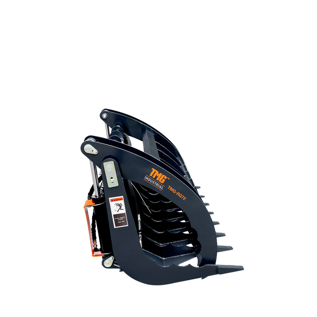 TMG Industrial 72” Skid Steer Root Rake Grapple Attachment, Universal Mount, 53” Jaw Opening, 9” Tine Spacing, 3000 lb Weight Capacity, TMG-RG72
