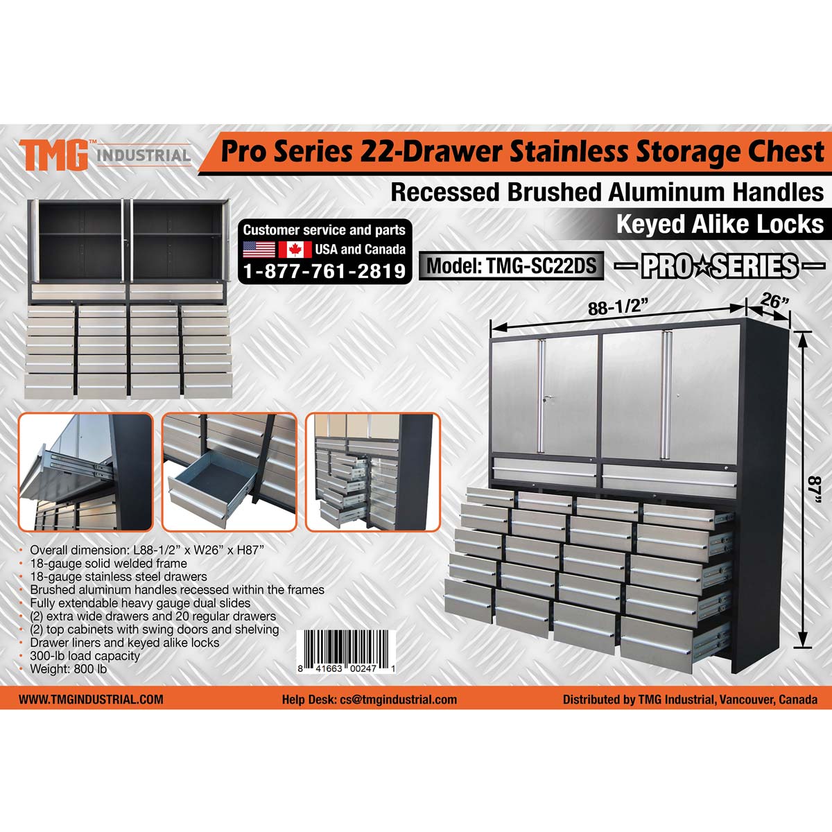 TMG Industrial Pro Series 7-Ft 22 Drawer Stainless Steel Storage Chest w/Brushed Aluminum Handles, Top Cabinets, All-in-One Welded Frame, Keyed Alike Locks, TMG-SC22DS