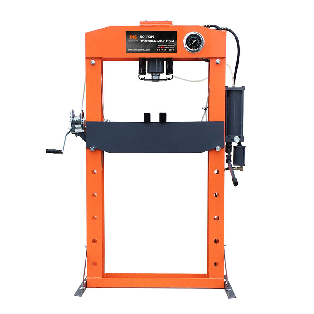 TMG Industrial 50 Ton Capacity Hydraulic Shop Press, Heavy Duty Pressing, Fully Welded H-Frame, Air & Manual Dual Operation, TMG-SP50