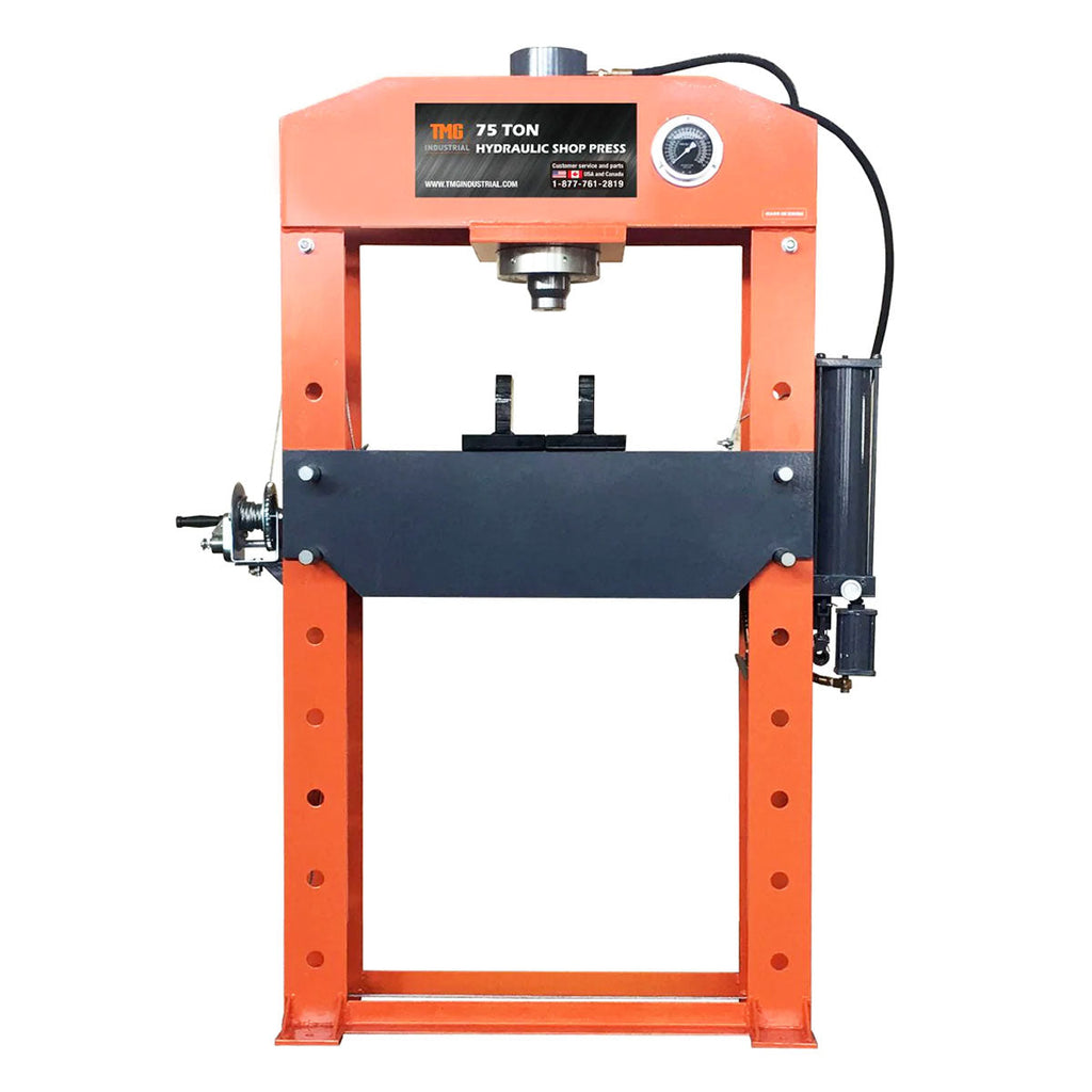 TMG Industrial 75 Ton Capacity Hydraulic Shop Press, Heavy Duty Pressing, Fully Welded H-Frame, Air & Manual Dual Operation, TMG-SP75
