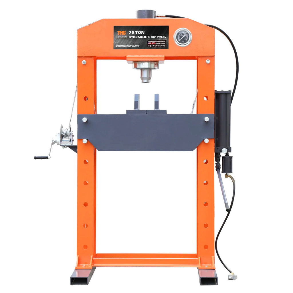 TMG Industrial 75 Ton Capacity Hydraulic Shop Press, Heavy Duty Pressing, Fully Welded H-Frame, Air & Manual Dual Operation, TMG-SP75
