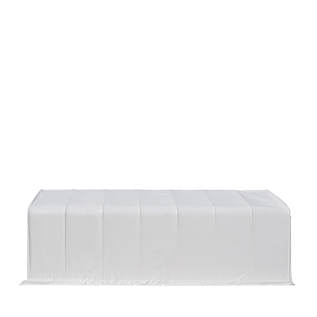 TMG Industrial 15’ x 35’ RV/Motorhome Storage Shelter, 17 oz PVC Fabric Cover, Front Roll-Up Door, Enclosed Rear Wall, 3-Layer Galvanized Steel Frame, 10’ Straight Sidewalls, TMG-ST1535