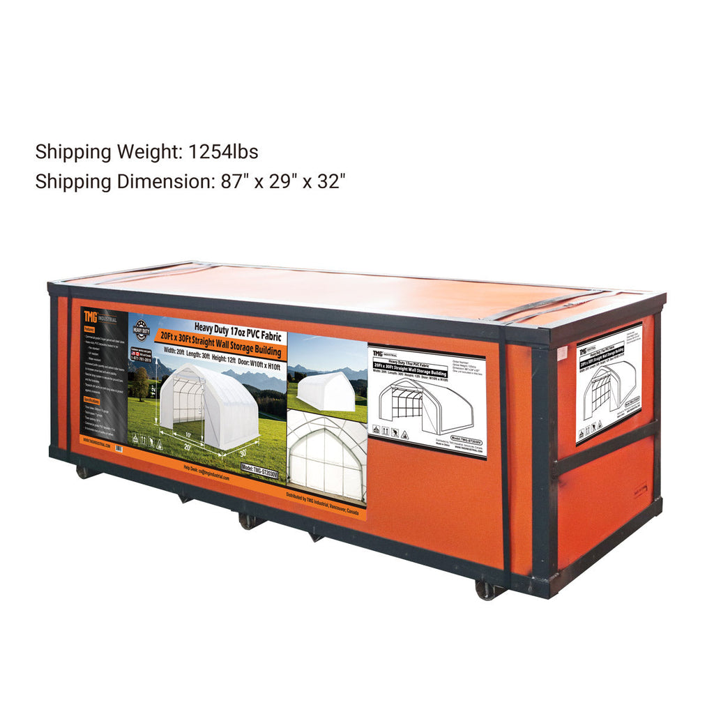 TMG Industrial 20' x 30' Straight Wall Peak Ceiling Storage Shelter with Heavy Duty 17 oz PVC Cover & Drive Through Door, TMG-ST2031V (Previously ST2030V)