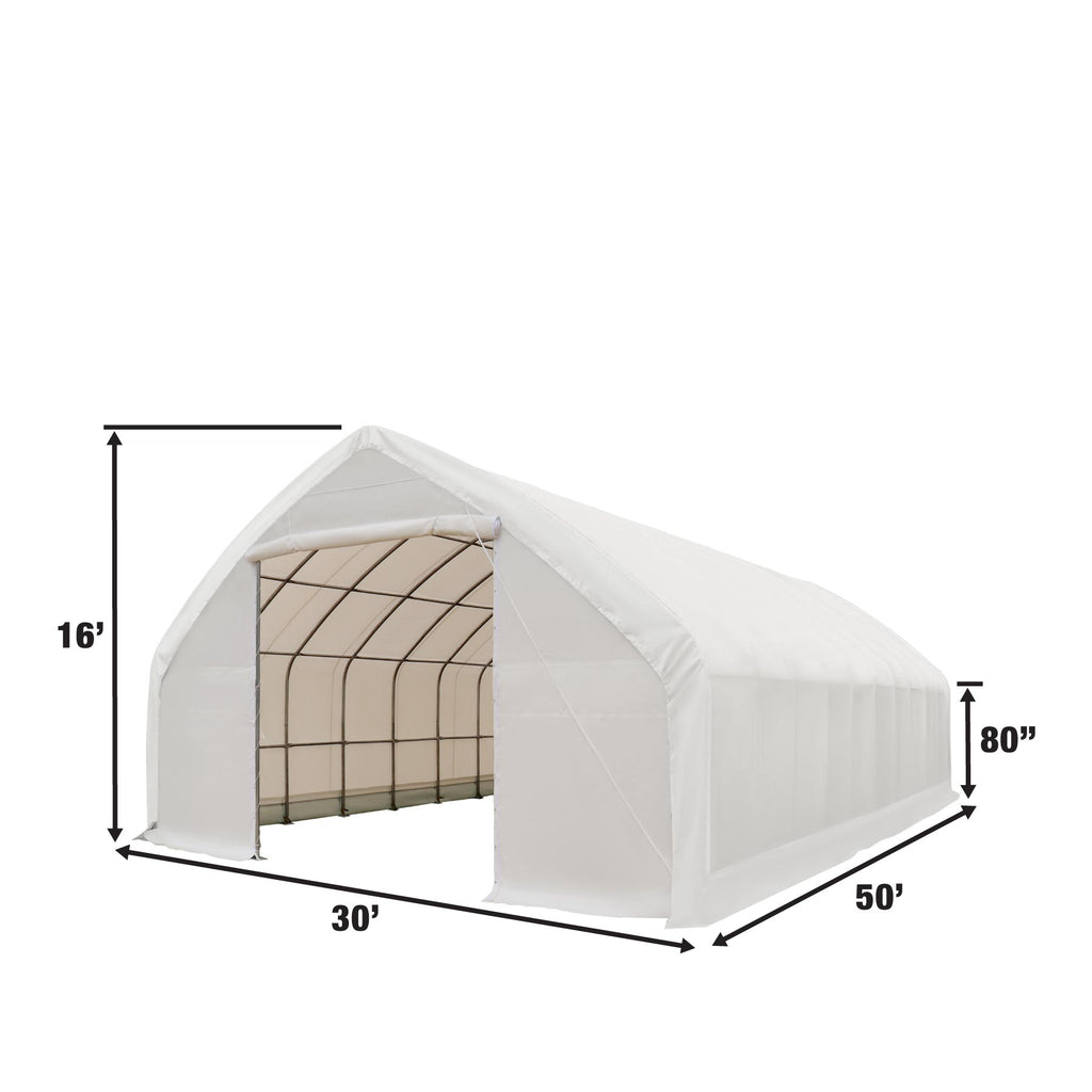 TMG Industrial 30' x 50' Straight Wall Peak Ceiling Storage Shelter with Heavy Duty 17 oz PVC Cover & Drive Through Doors, TMG-ST3050V