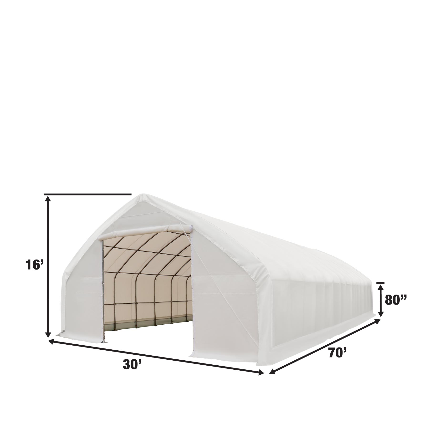 TMG Industrial 30' x 70' Straight Wall Peak Ceiling Storage Shelter with Heavy Duty 17 oz PVC Cover & Drive Through Doors, TMG-ST3070V