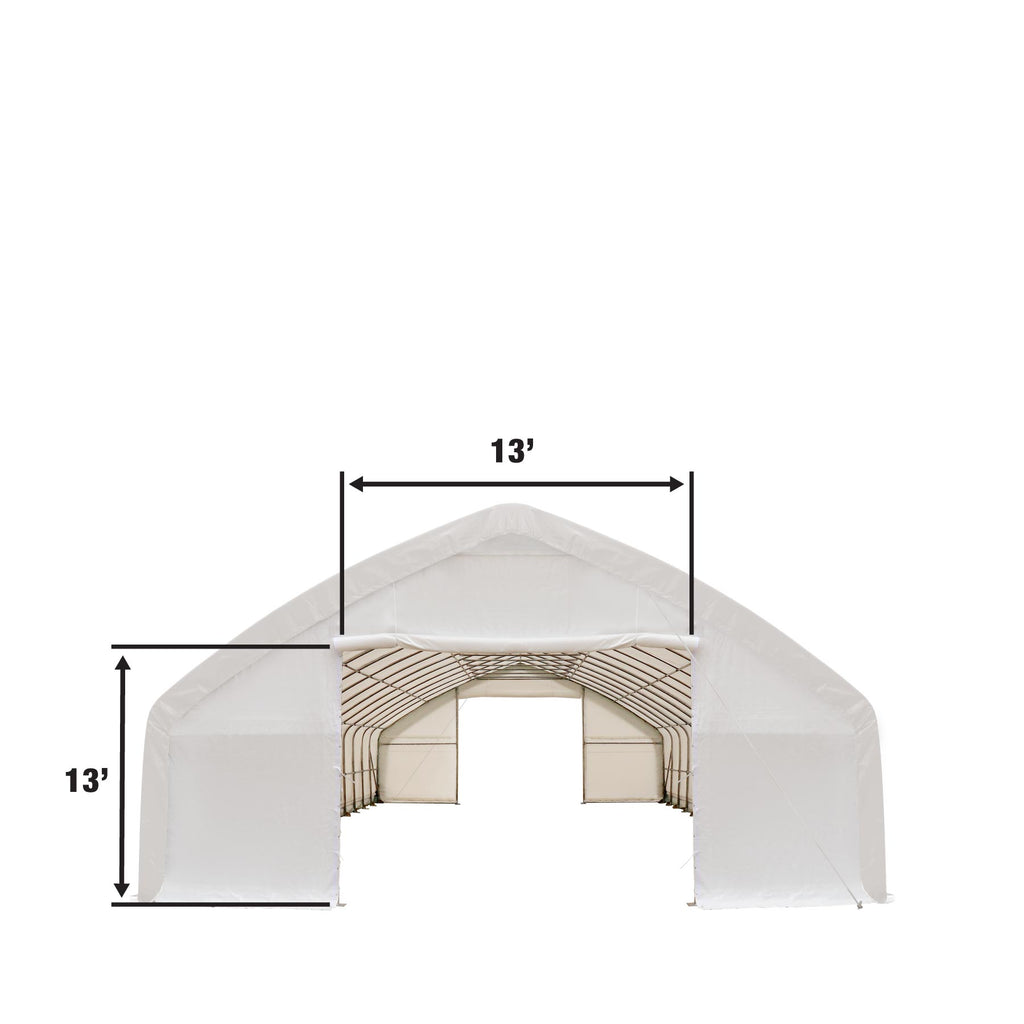 TMG Industrial 30' x 70' Straight Wall Peak Ceiling Storage Shelter with Heavy Duty 17 oz PVC Cover & Drive Through Doors, TMG-ST3070V