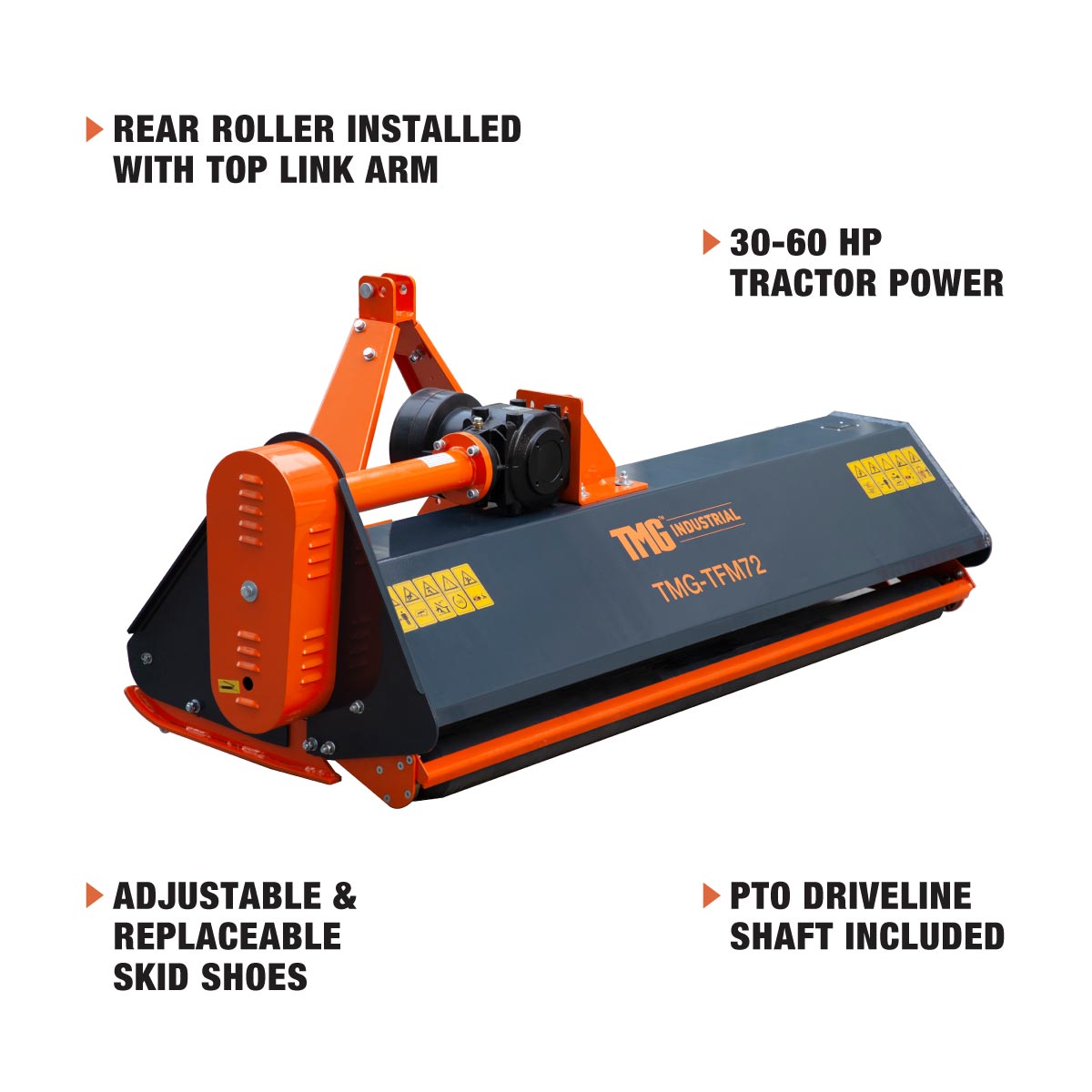 TMG Industrial 72” Flail Mower, 3-Point Hitch, 30-60 HP Tractor, PTO Drive Shaft, TMG-TFM72
