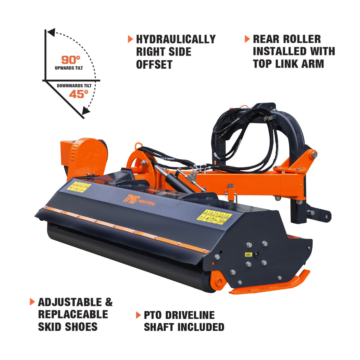 TMG Industrial 90” 50-90 HP Tractor, 3-Point Hitch, PTO Drive Shaft, Offset Ditch Bank Flail Mower with 90° Tilt, TMG-TFMO90