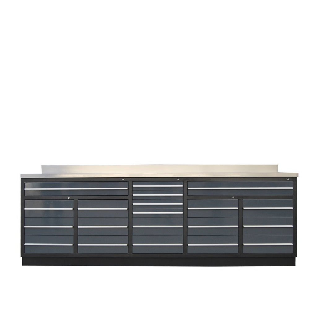 TMG Industrial Pro Series 10-FT 20 Drawer Stainless Steel Table Top Workbench, Powder Coated Drawer Fronts, Double Slide Lockable Drawers, All-in-one Welded Frame, TMG-WB20DS
