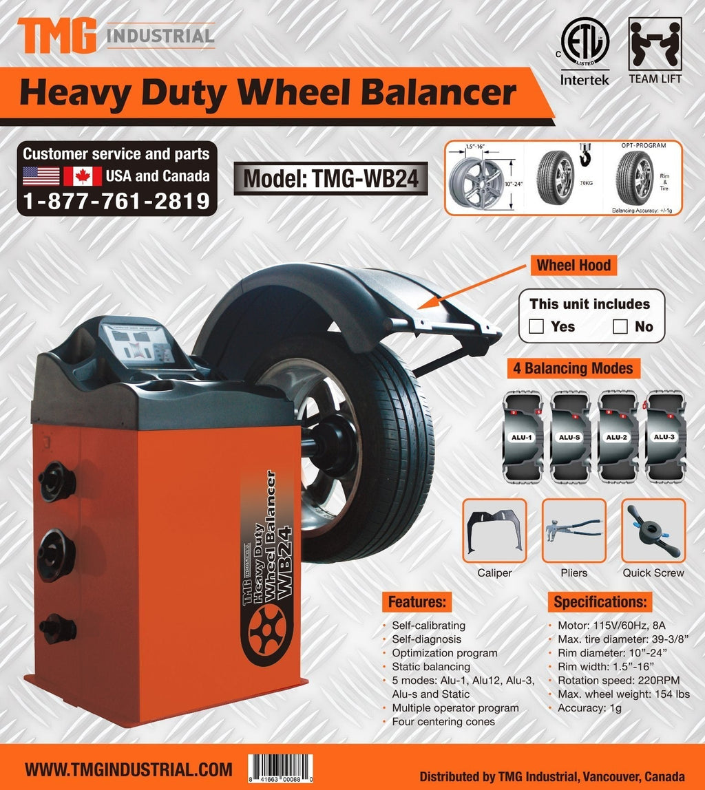 TMG Industrial Self-Calibrating Wheel Balancer with Protection Hood, 10”-24” Rim Diameter, Computerized, +/- 1 g of Accuracy, ALU Balancing Modes, TMG-WB24H