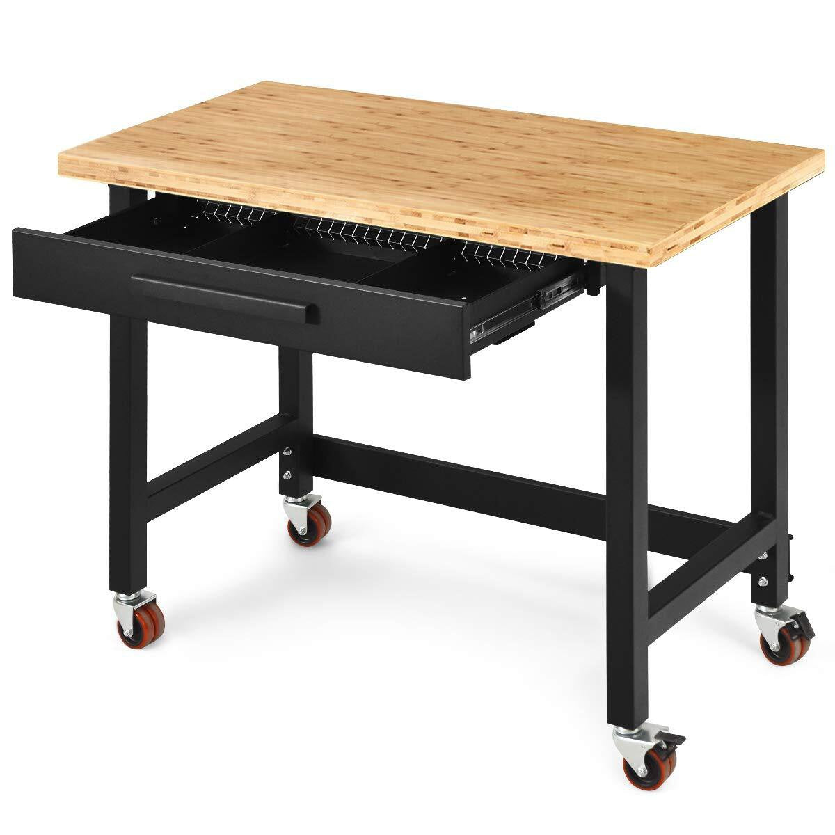 TMG-WB482D 48" Bamboo Tabletop Workbench with Lockable Caster Wheels and Large Drawer - Heavy-Duty Powder-Coated Steel Frame, 500 Lb Weight Capacity