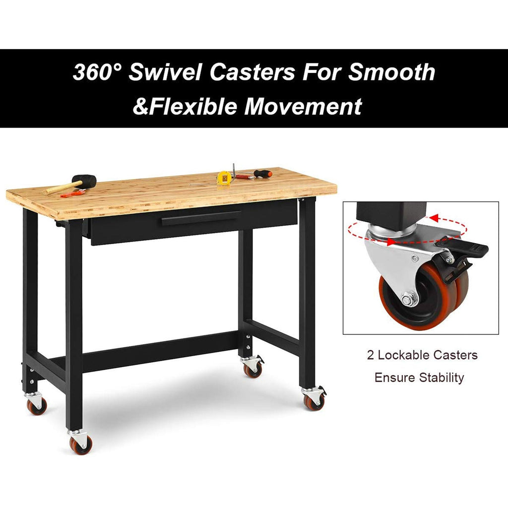 TMG-WB482D 48" Bamboo Tabletop Workbench with Lockable Caster Wheels and Large Drawer - Heavy-Duty Powder-Coated Steel Frame, 500 Lb Weight Capacity