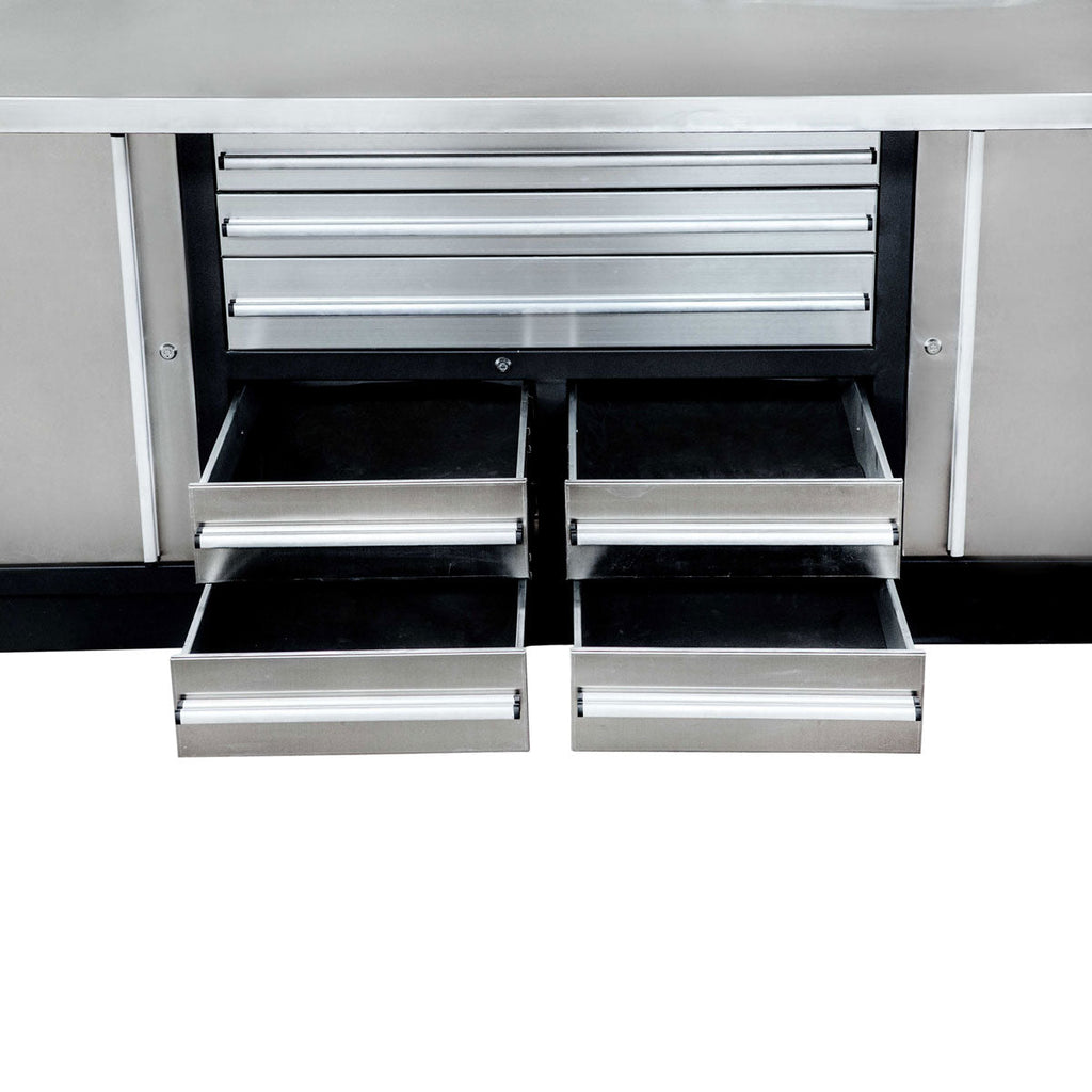 TMG Industrial Pro Series 85” Stainless Steel Workbench, 7 Lockable Drawers, 2 Storage Cabinets, Adjustable Shelving, All-in-One Welded Frame, TMG-WB85S
