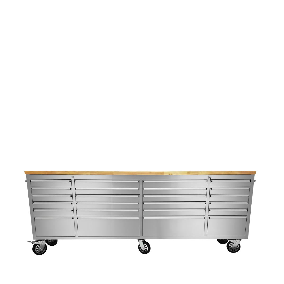 TMG Industrial 96” Stainless Steel Rolling Workbench, Rubberwood Tabletop, 24 Lockable Drawers, Locking Wheels, TMG-WB9624S