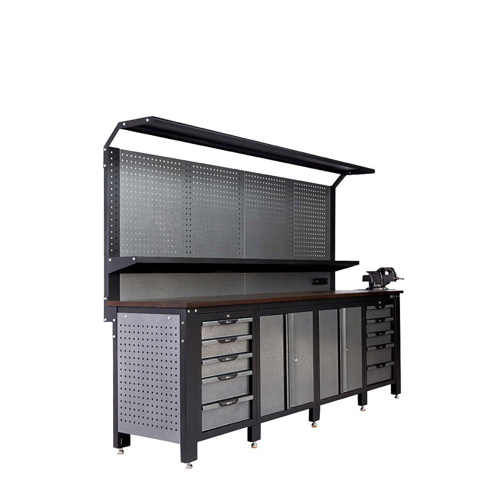 TMG Industrial 10’ Extreme-Duty Steel Garage Workbench w/Pegboards and 4" Bench Vice, Adjustable Shelving, Power Outlets, USB Port, Magnetic Motion LED Lamps, TMG-WBC10