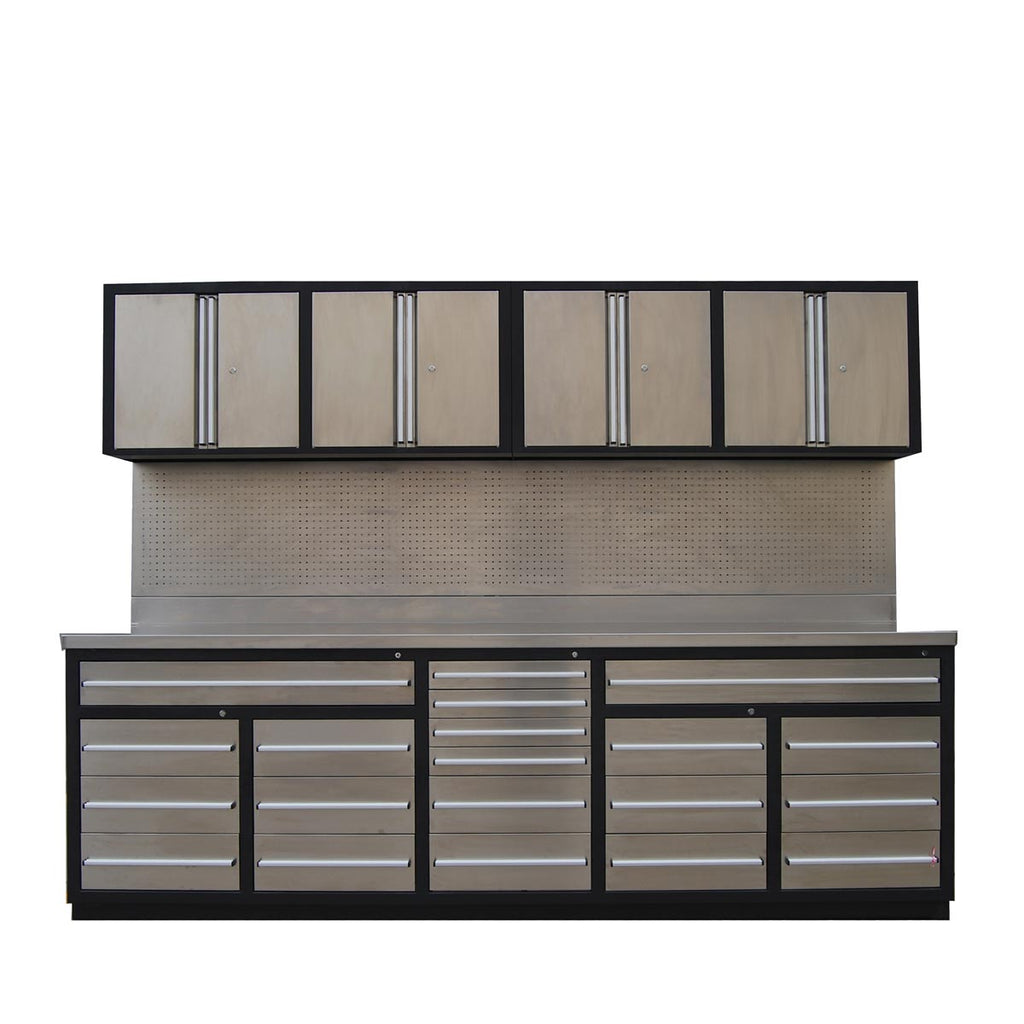 TMG Industrial Pro Series 10-FT 20 Drawer Stainless Steel Workbench Cabinet Combo, Stainless Steel Tabletop, Pegboard and Drawer Fronts, 20 Lockable Drawers, Wall-Mounted Cabinets, Adjustable Shelving, Fully All-in-one Welded Frame, TMG-WBC20DS