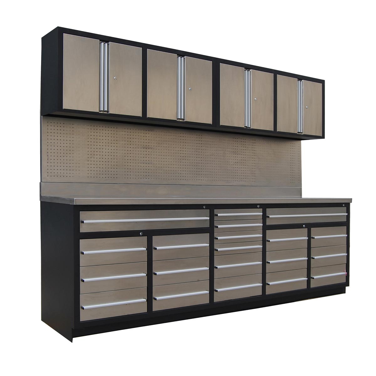 TMG Industrial Pro Series 10-FT 20 Drawer Stainless Steel Workbench Cabinet Combo, Stainless Steel Tabletop, Pegboard and Drawer Fronts, 20 Lockable Drawers, Wall-Mounted Cabinets, Adjustable Shelving, Fully All-in-one Welded Frame, TMG-WBC20DS
