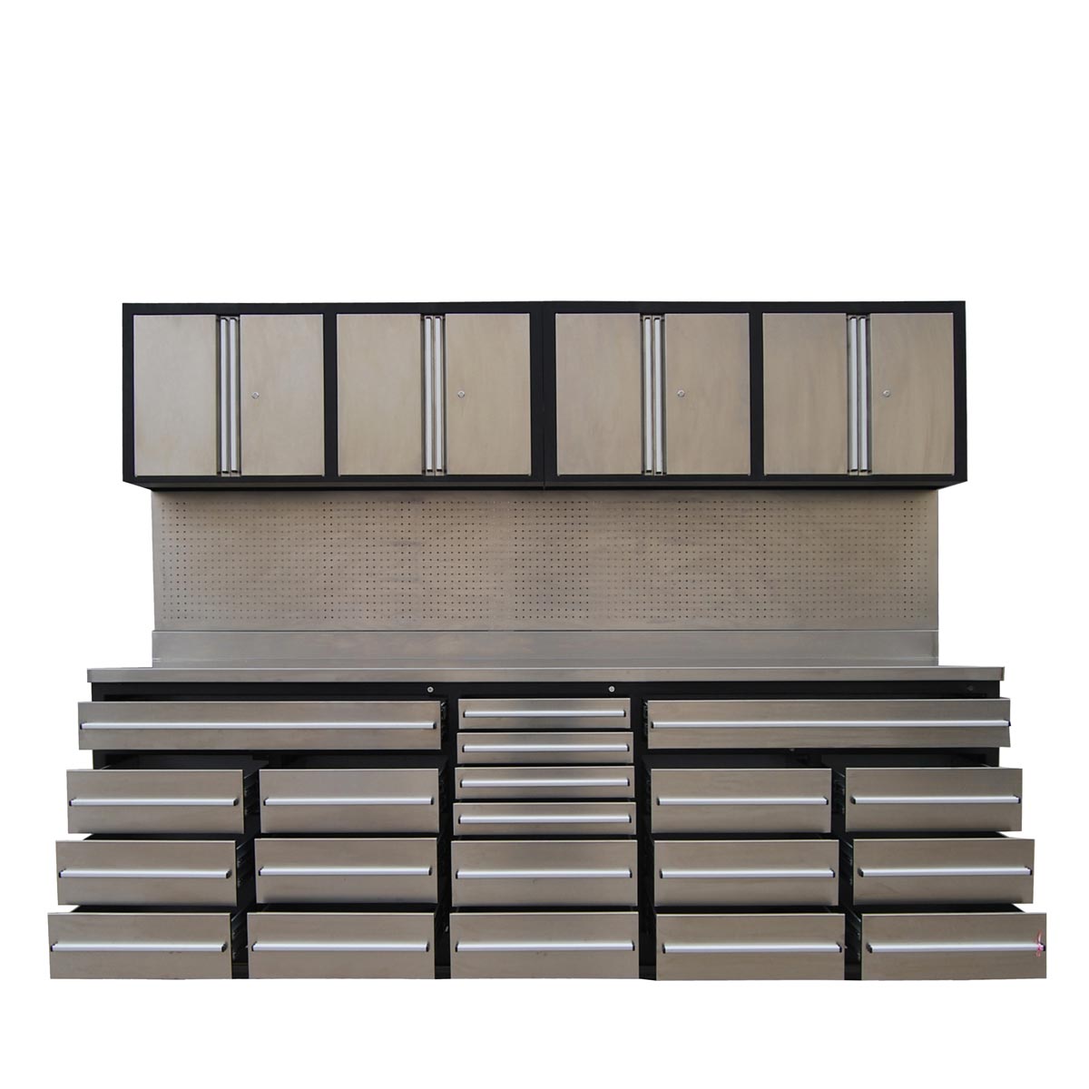 TMG Industrial Pro Series 10-FT 20 Drawer Stainless Steel Workbench Cabinet Combo, Stainless Steel Tabletop, Pegboard and Drawer Fronts, 20 Lockable Drawers, Wall-Mounted Cabinets, Adjustable Shelving, Fully All-in-one Welded Frame, TMG-WBC20DS