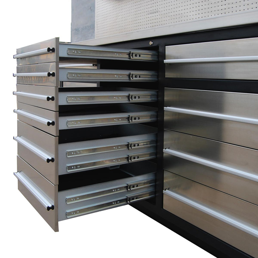 TMG Industrial Pro Series 10-FT 20 Drawer Stainless Steel Workbench Cabinet Combo, Stainless Steel Tabletop, Pegboard and Drawer Fronts, 20 Lockable Drawers, Wall-Mounted Cabinets, Adjustable Shelving, Fully All-in-one Welded Frame, TMG-WBC20DS