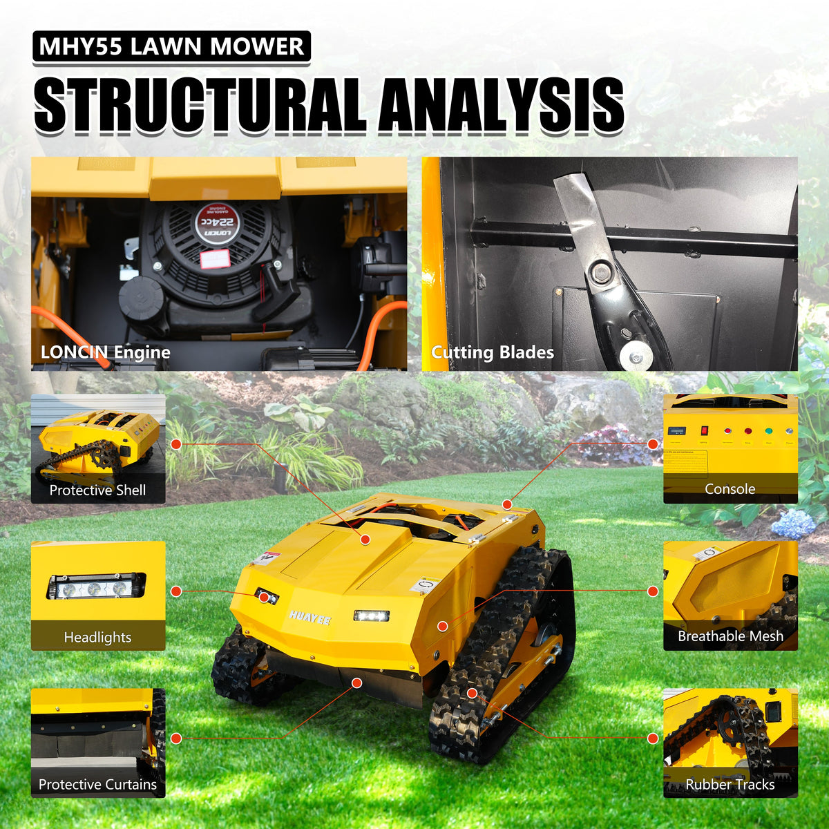 HUAYEE MHY55 Mini Compact Remote Control Tracked Lawn Mower - 9HP LONCIN Gas Engine, 550mm Mowing Width