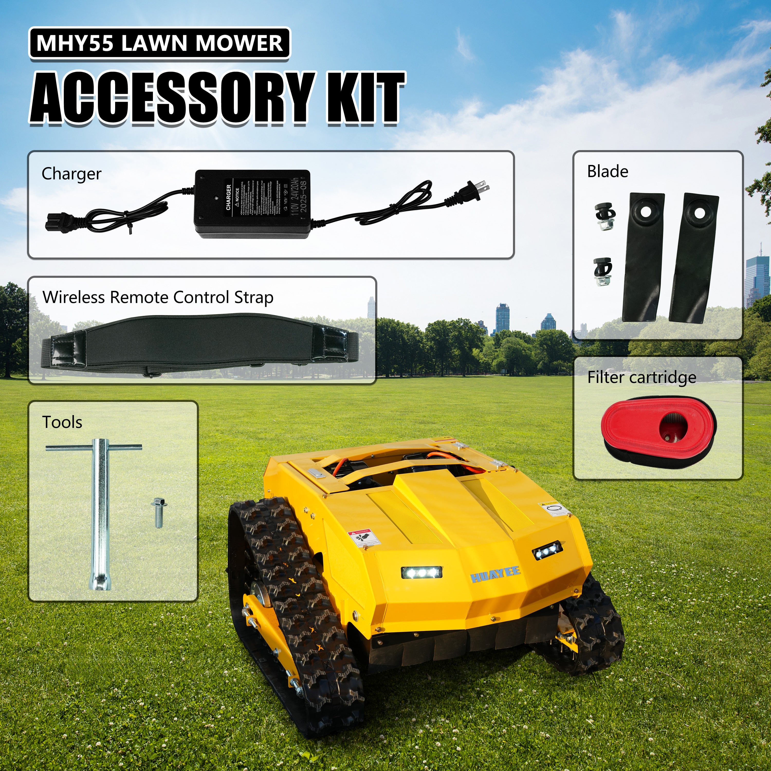 HUAYEE MHY55 Mini Compact Remote Control Tracked Lawn Mower - 9HP LONCIN Gas Engine, 550mm Mowing Width
