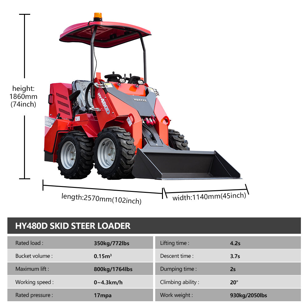 HUAYEE HY480D | Mini Wheel Skid Steer Loader with 23 hp B&S Engine & Canopy