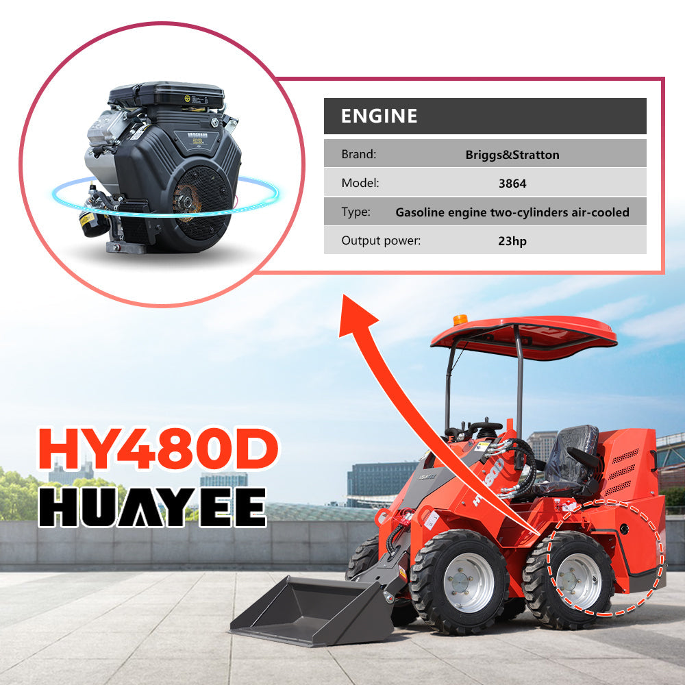 HUAYEE HY480D | Mini Wheel Skid Steer Loader with 23 hp B&S Engine & Canopy