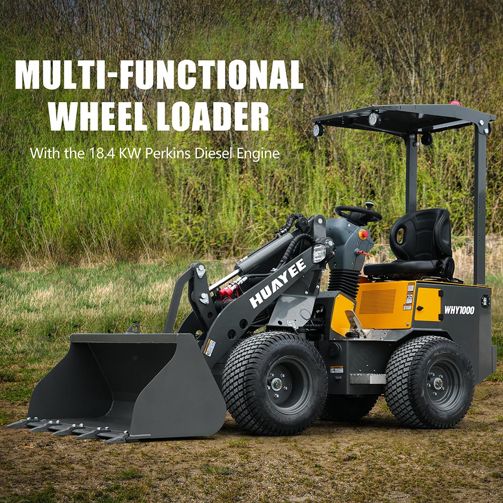 HUAYEE WHY1000 Mini Wheel Loader | 1000kg Lifting Capacity | Perkins 403J-11 Diesel Engine | EU Stage V & EPA Tier 4 Final