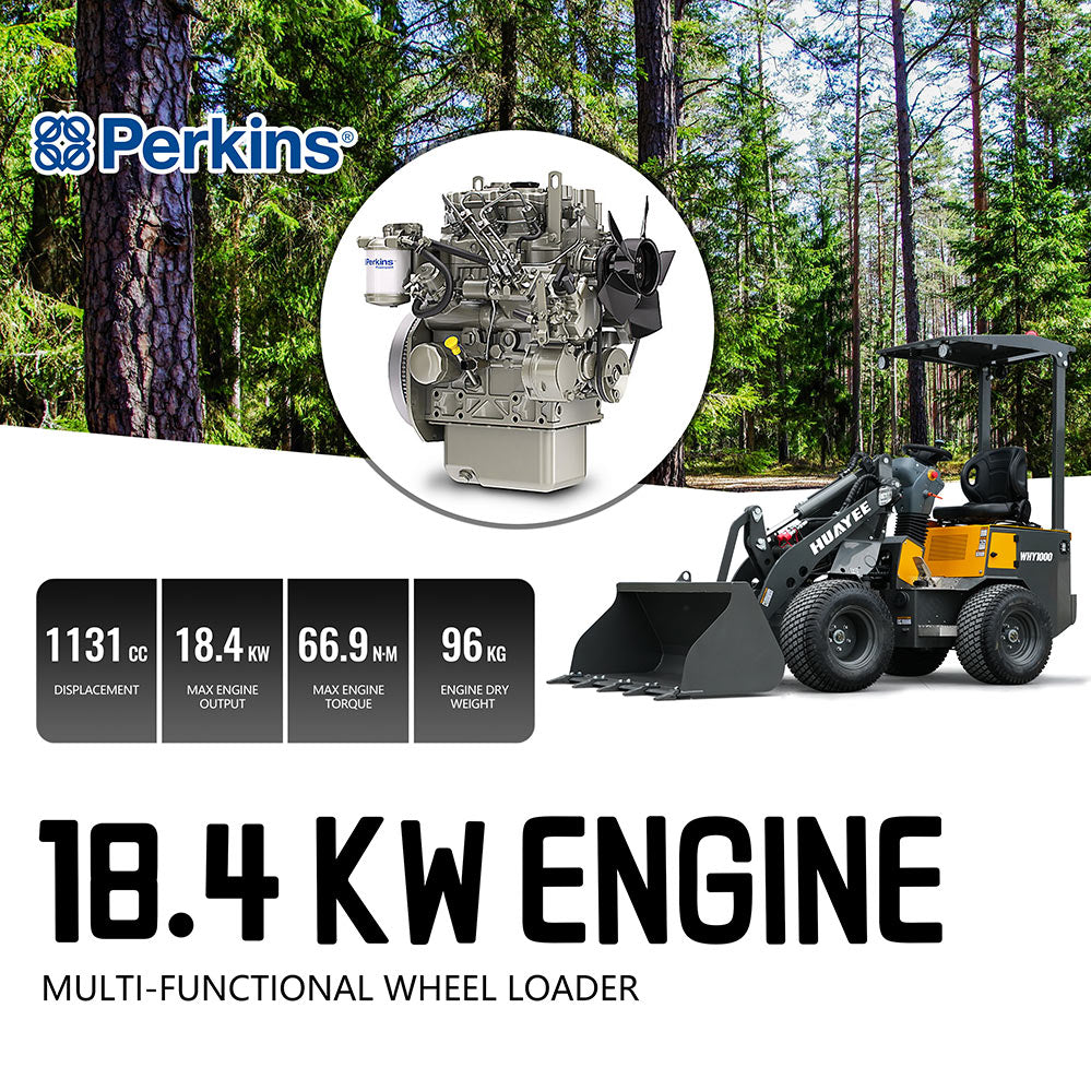 HUAYEE WHY1000 Mini Wheel Loader | 1000kg Lifting Capacity | Perkins 403J-11 Diesel Engine | EU Stage V & EPA Tier 4 Final