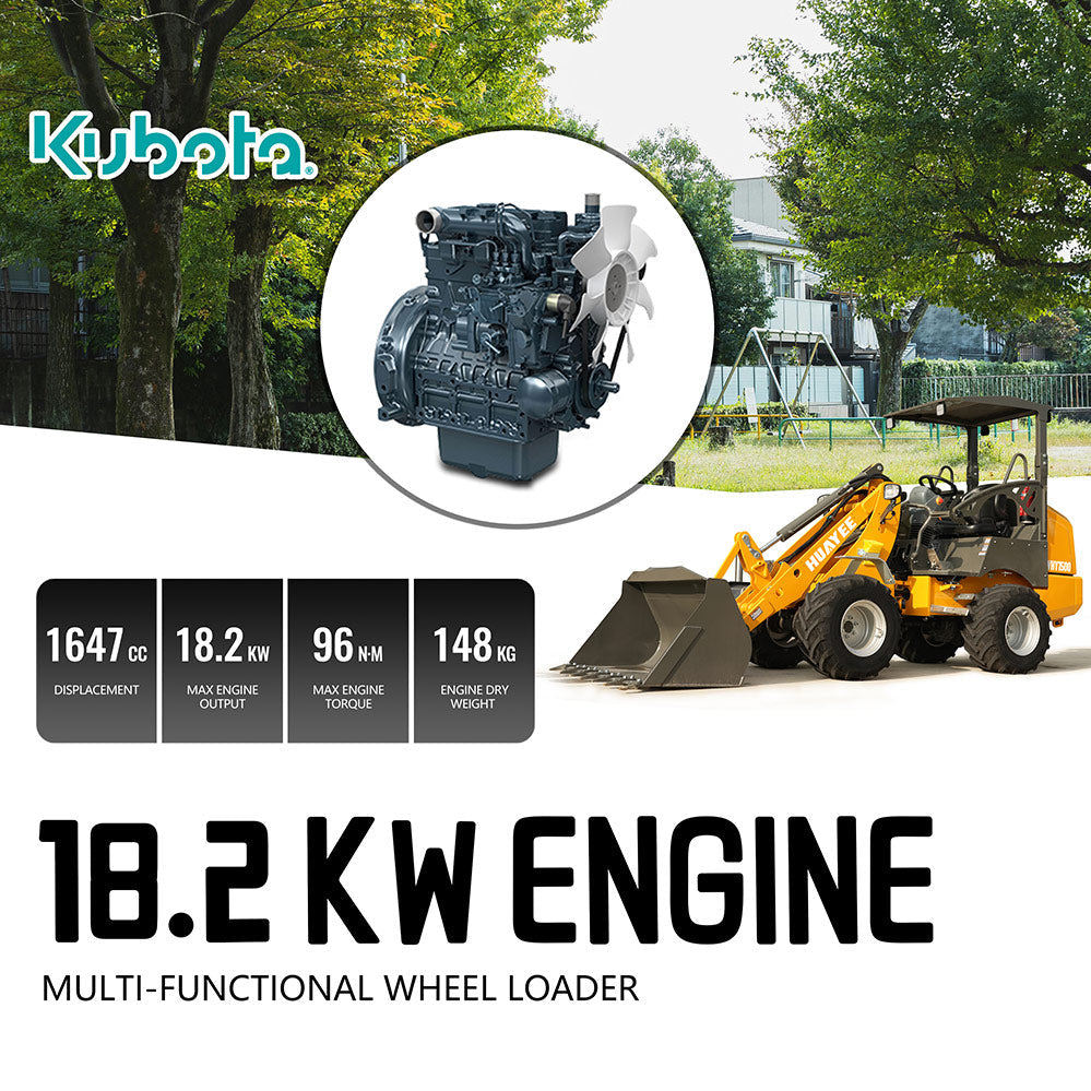 HUAYEE WHY1500 Mini Wheel Loader | Kubota D1703 Engine | 1200kg Lifting Capacity | EU Stage V & EPA Tier 4 Final