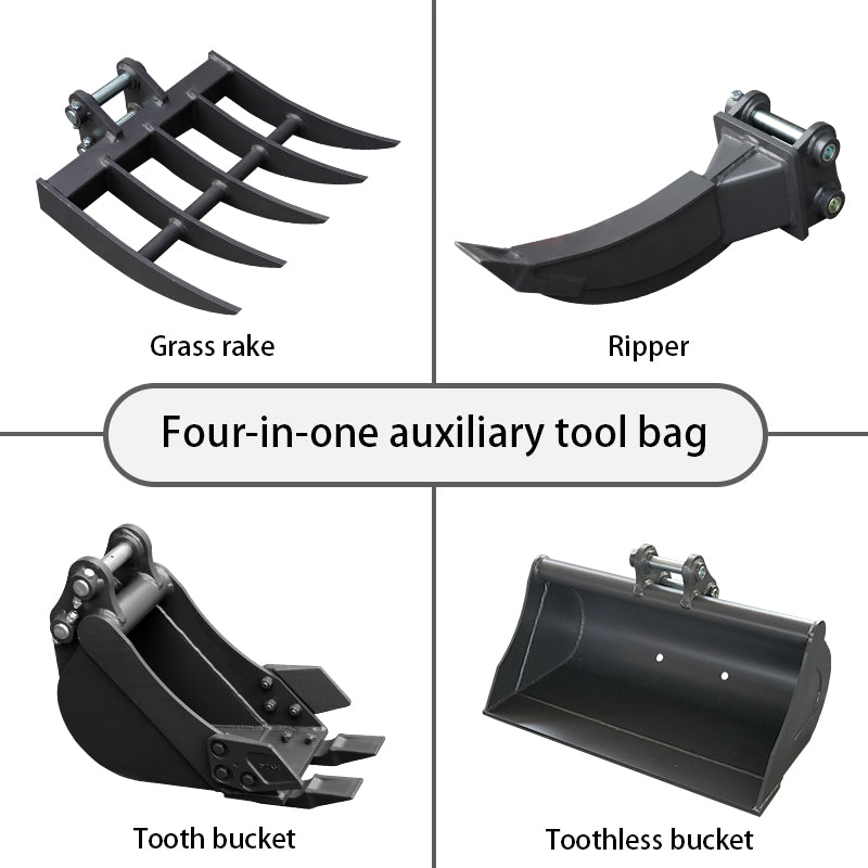 8" Toothed, 32" Toothless Bucket, Rake, Ripper 4-in-1 Set for 2 Ton Mini Excavators | HUAYEE HYE05