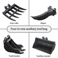 8" Toothed, 32" Toothless Bucket, Rake, Ripper 4-in-1 Set for 2 Ton Mini Excavators | HUAYEE HYE05